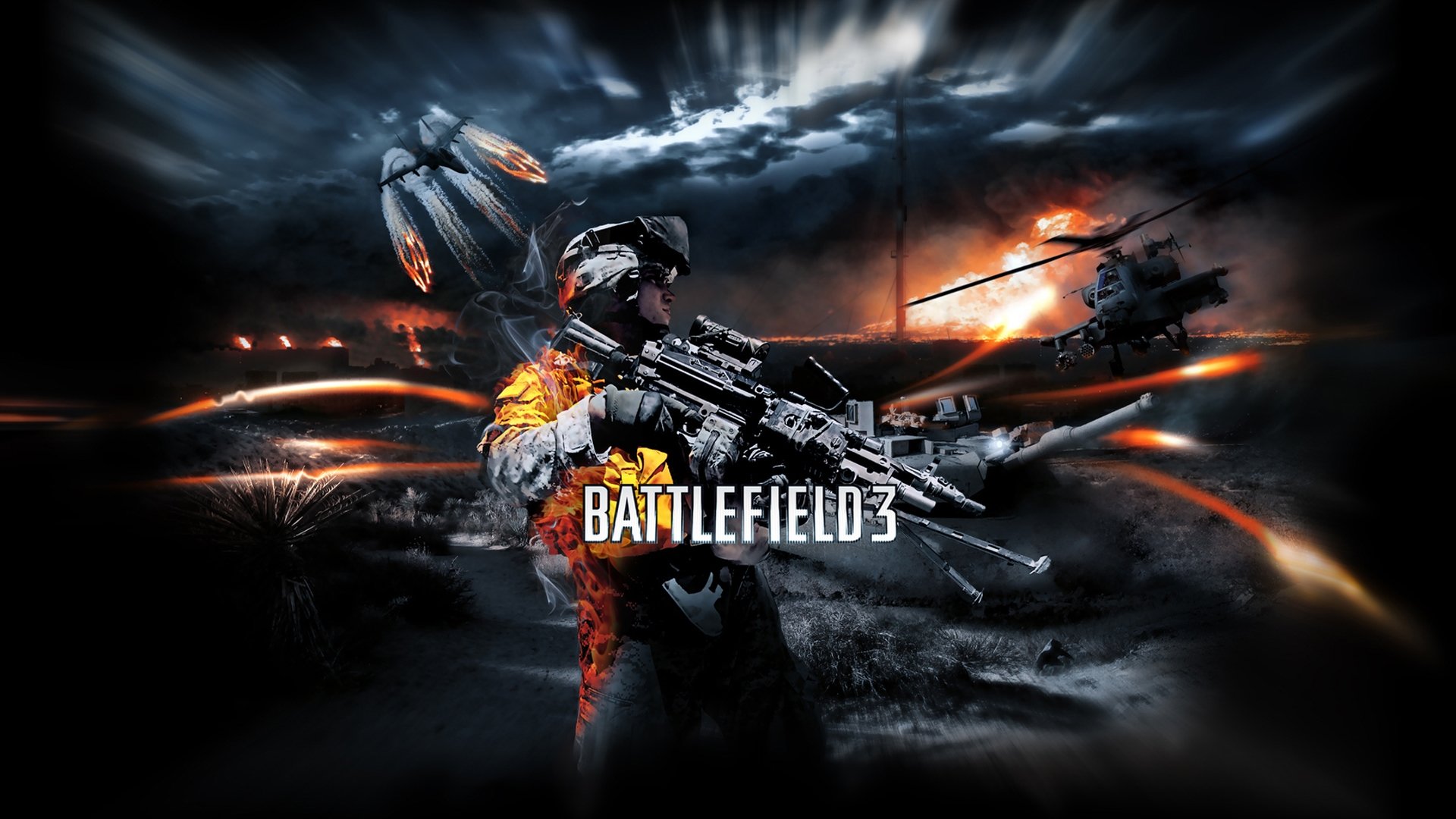 Battlefield 3 video game HD PC desktop wallpaper: soldier in modern combat gear aims a rifle amid explosions, helicopters and jets over a smoky, war-torn landscape.