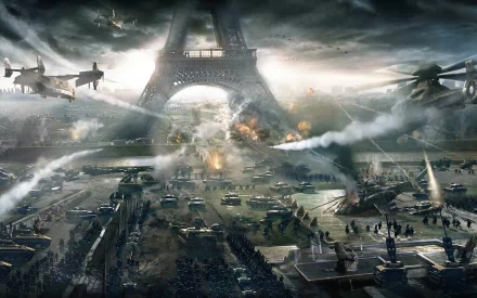 HD PC desktop wallpaper featuring an intense battlefield scene from the video game Tom Clancy's EndWar, with tanks, helicopters, and explosions near the Eiffel Tower.