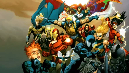 HD desktop wallpaper featuring iconic Marvel Comics heroes including Janet van Dyne, Carol Danvers, Wasp, Avengers, Doctor Strange, Black Widow, Spider-Man, Ms. Marvel, Spider-Woman, Iron Man, and Wolverine.