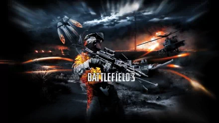 Battlefield 3 video game HD PC desktop wallpaper: soldier in modern combat gear aims a rifle amid explosions, helicopters and jets over a smoky, war-torn landscape.