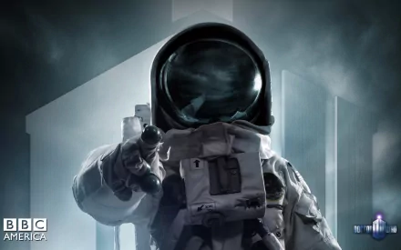 HD PC desktop wallpaper: The Impossible Astronaut from the TV show Doctor Who (2005) — a dark, menacing astronaut reaching toward the viewer against a foggy, backlit backdrop.