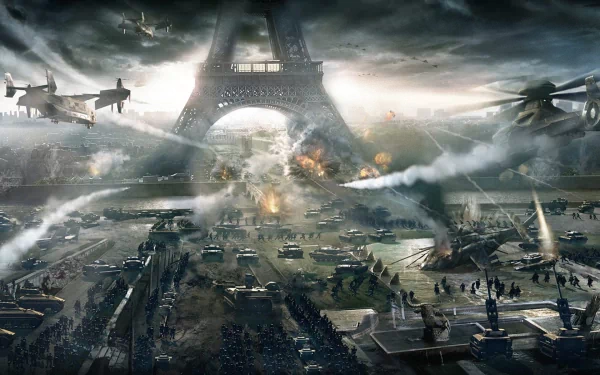 HD PC desktop wallpaper featuring an intense battlefield scene from the video game Tom Clancy's EndWar, with tanks, helicopters, and explosions near the Eiffel Tower.