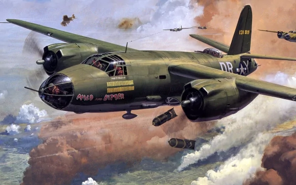 HD desktop wallpaper featuring a military Martin B-26 Marauder bomber in flight, releasing bombs against a dramatic cloudy sky backdrop.