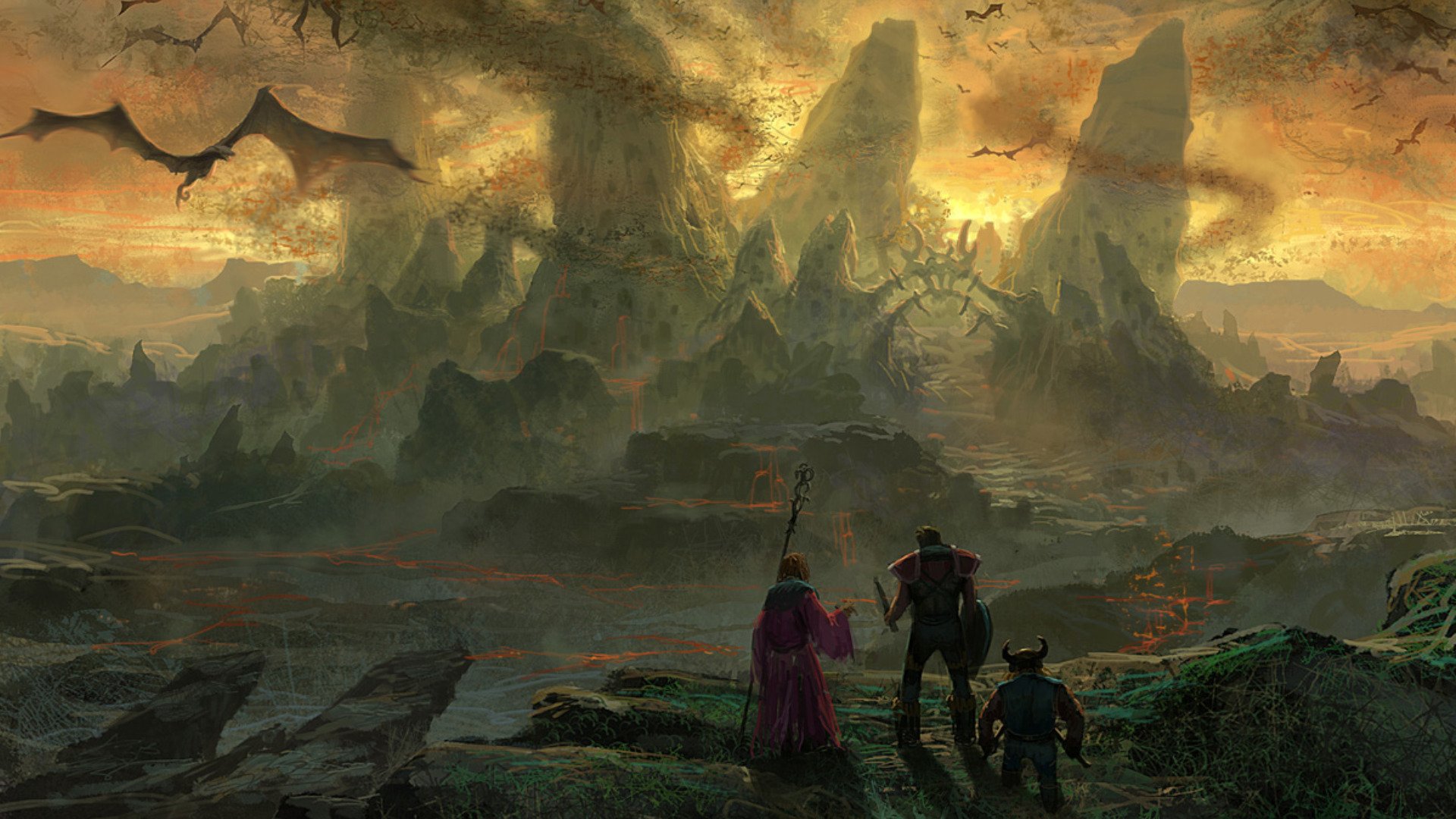 HD fantasy PC desktop wallpaper depicting three adventurers overlooking a dark, jagged mountain landscape with a fiery sky and flying dragons.