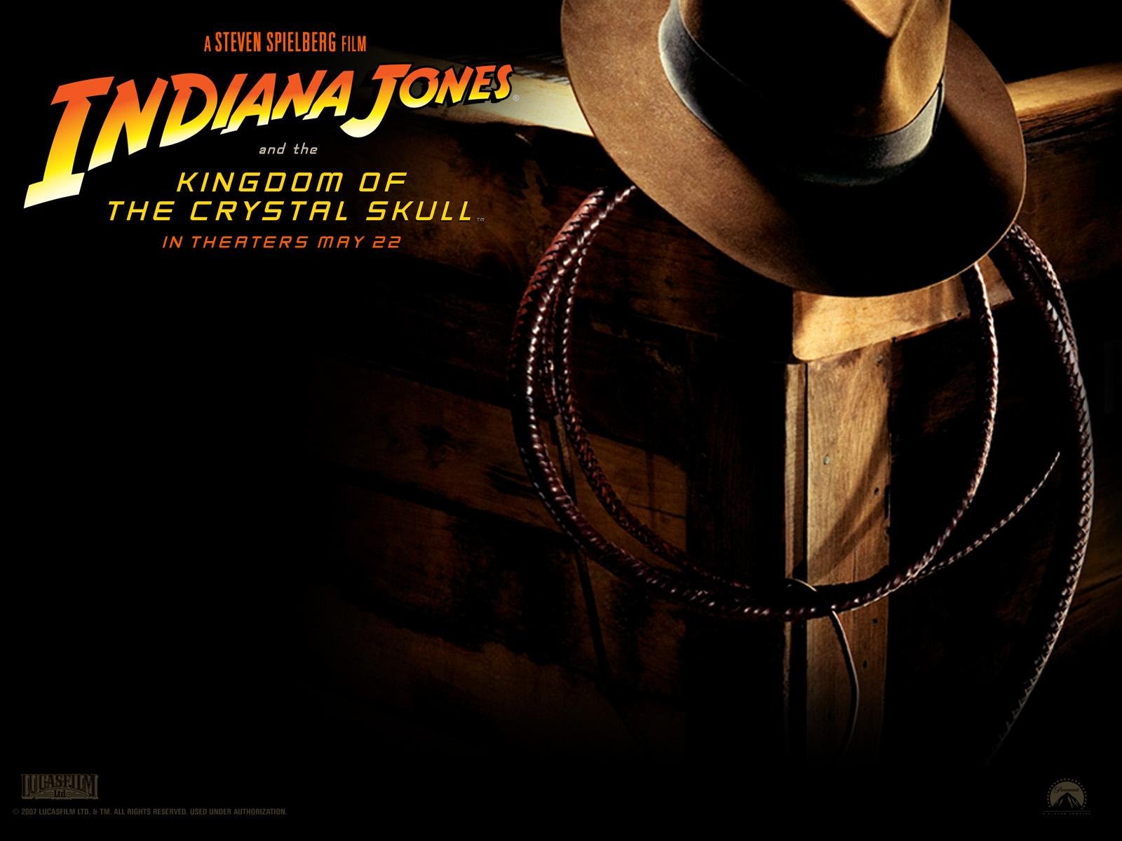 HD PC desktop wallpaper featuring Indiana Jones' iconic hat and whip from the movie Indiana Jones and the Kingdom of the Crystal Skull.