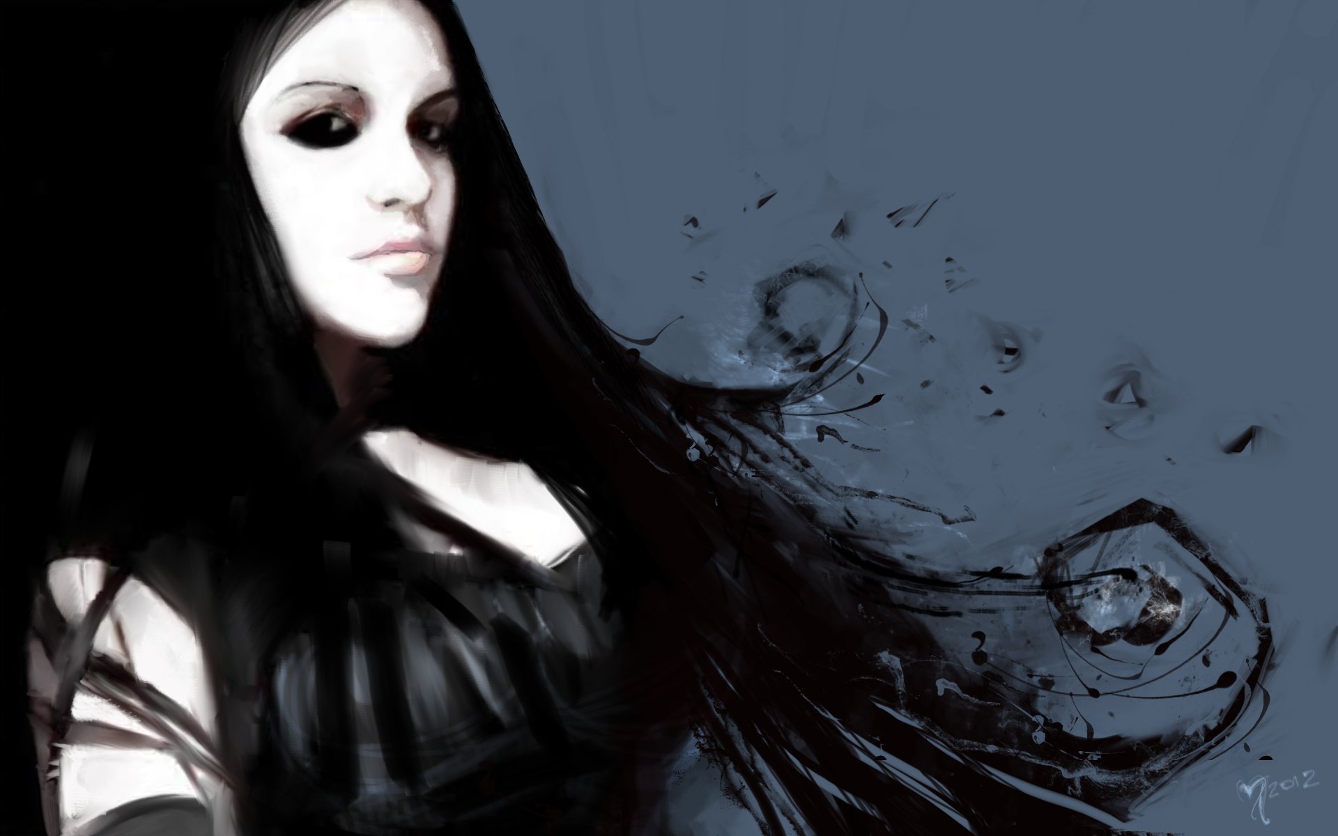 HD PC desktop wallpaper featuring a gothic woman with long black hair and pale skin against a dark, abstract background.