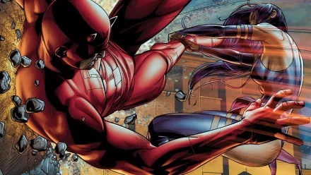 Matt Murdock and Psylocke clash in this dynamic comic artwork, showcasing their powerful abilities amidst an action-packed backdrop. A striking HD desktop wallpaper for Marvel fans.