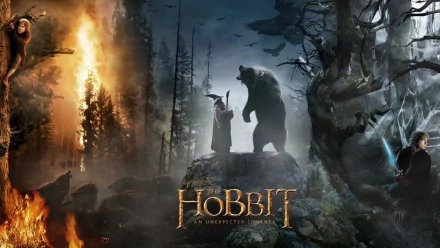 A stunning HD desktop wallpaper featuring a scene from The Hobbit: An Unexpected Journey, showcasing a dramatic encounter between a wizard and a bear amidst a mystical forest.