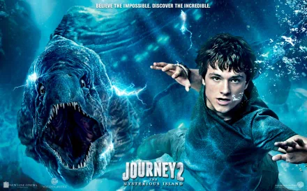 HD PC desktop wallpaper for the movie Journey 2: The Mysterious Island, featuring a young man facing a large, roaring dinosaur in an intense underwater scene.