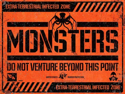 HD desktop wallpaper featuring a horror-themed warning sign with MONSTERS text and a spider-like creature, blending adventure, thriller, and sci-fi movie vibes.