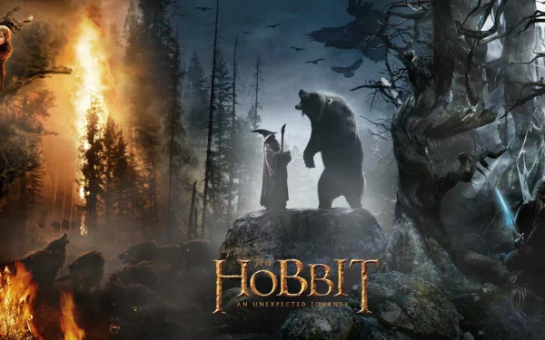 A stunning HD desktop wallpaper featuring a scene from The Hobbit: An Unexpected Journey, showcasing a dramatic encounter between a wizard and a bear amidst a mystical forest.