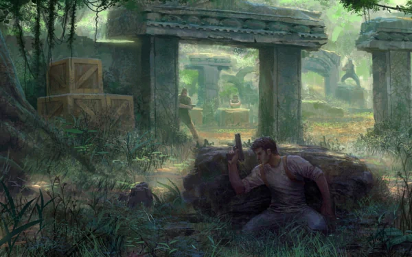 HD PC desktop wallpaper featuring a scene from the video game Uncharted: Drake's Fortune, showing a character crouched near ancient ruins in a dense jungle.