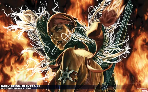 HD PC desktop wallpaper featuring Elektra from Marvel Comics, depicted in a dynamic pose with fiery flames and intricate white energy swirls in the background.