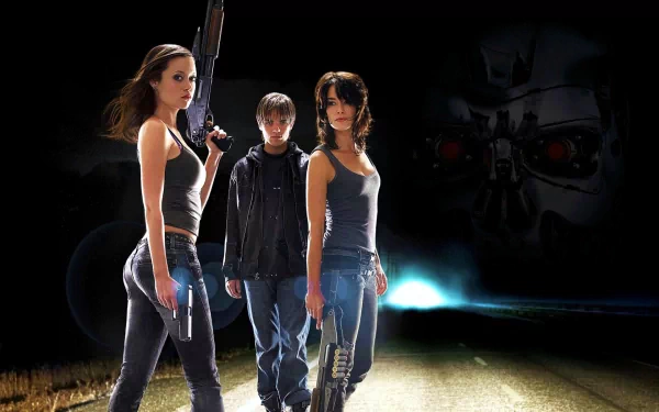 A striking HD wallpaper featuring characters Cameron Phillips, John Connor, and Sarah Connor from Terminator: The Sarah Connor Chronicles, set against a dark, sci-fi backdrop.
