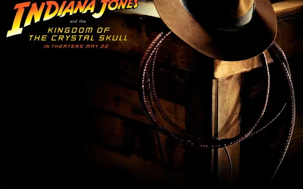 HD PC desktop wallpaper featuring Indiana Jones' iconic hat and whip from the movie Indiana Jones and the Kingdom of the Crystal Skull.