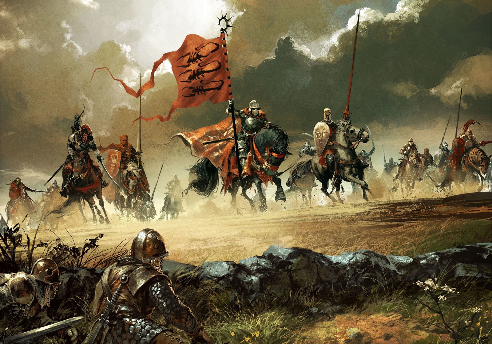 HD PC desktop wallpaper depicting a dramatic fantasy battle scene with armored knights charging across a misty battlefield under a stormy sky.
