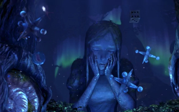 HD PC desktop wallpaper featuring a dark, eerie scene from the video game Alice: Madness Returns, showcasing a somber statue in a twisted, surreal environment.