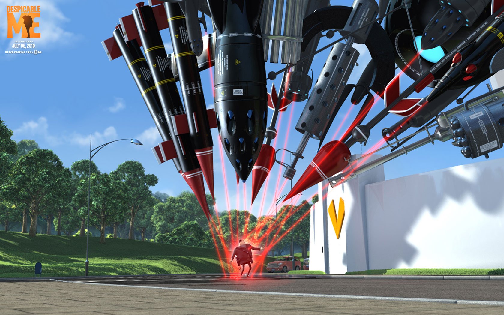 HD PC desktop wallpaper/background from the movie Despicable Me: rockets converge above a small figure as a red energy blast erupts on a sunny suburban street.