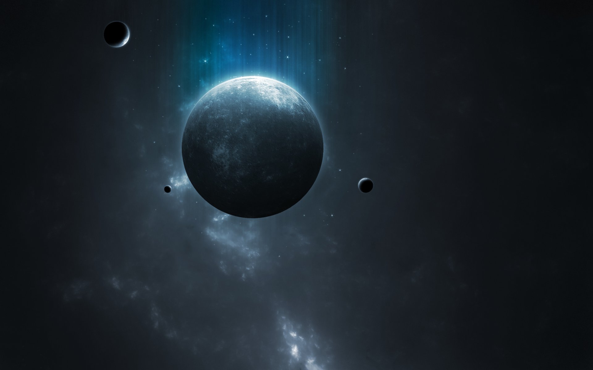 Sci‑Fi planet 2K Quad HD PC desktop wallpaper and background: a dark, glowing world with auroral light and three small moons drifting through a starfield.