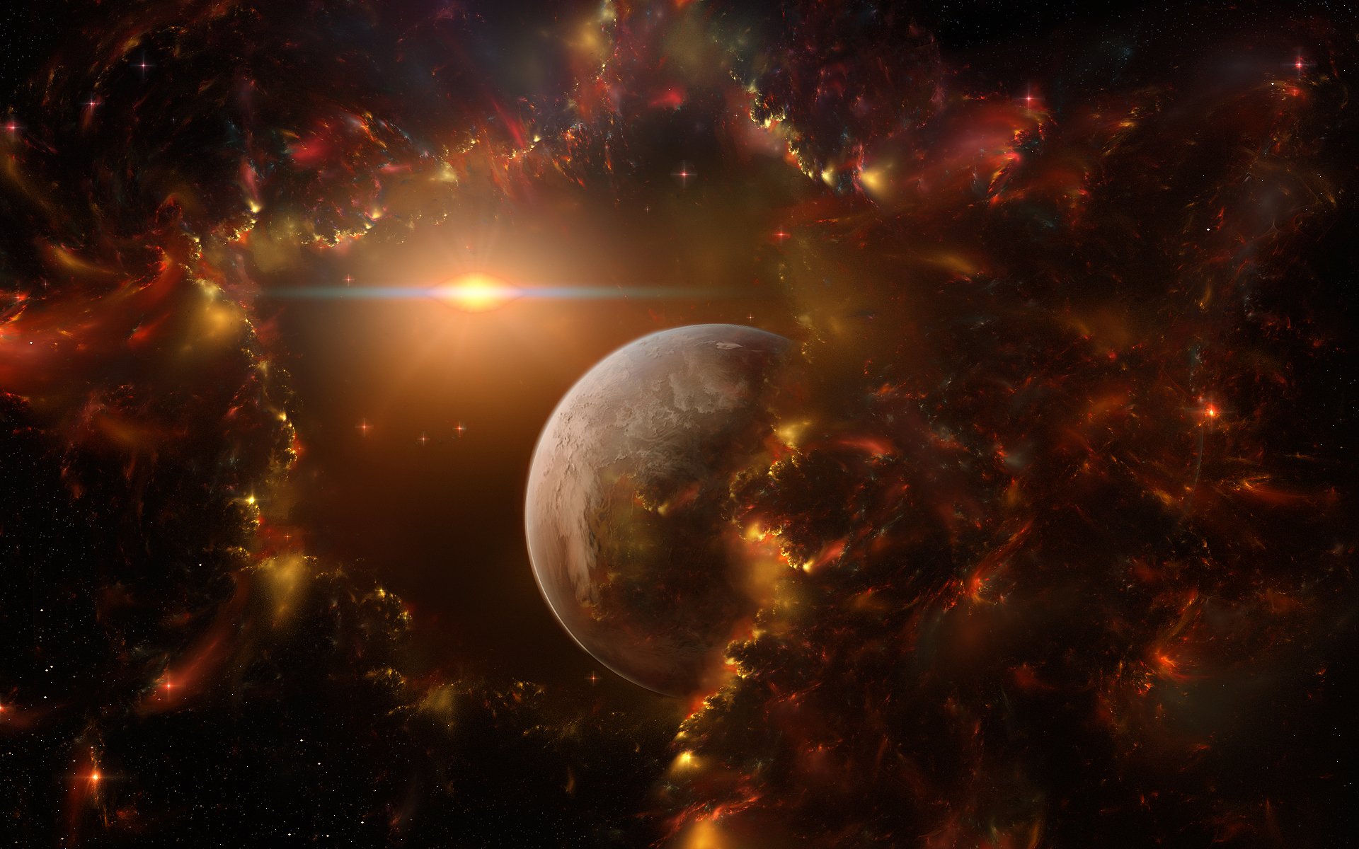 HD sci-fi desktop wallpaper featuring a distant planet surrounded by glowing cosmic clouds and a bright starburst in deep space.