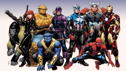 HD desktop wallpaper featuring The Avengers lineup including Black Widow, Spider-Man, Beast, Iron Man, Thor, Captain America, Hawkeye, and Thing from The Heroic Age comics.