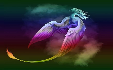 HD desktop wallpaper of a fantasy phoenix dragon with rainbow-colored wings, soaring against a dark, mystical background.