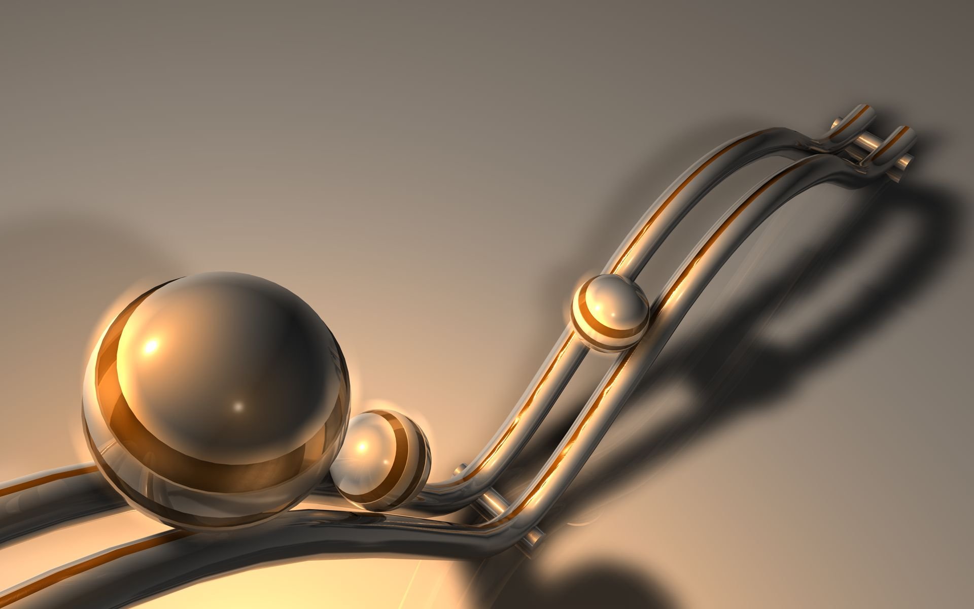 A captivating abstract CGI artwork featuring three metallic spheres along a sleek, flowing pathway, creating a visually striking 3D composition for HD desktop wallpaper.