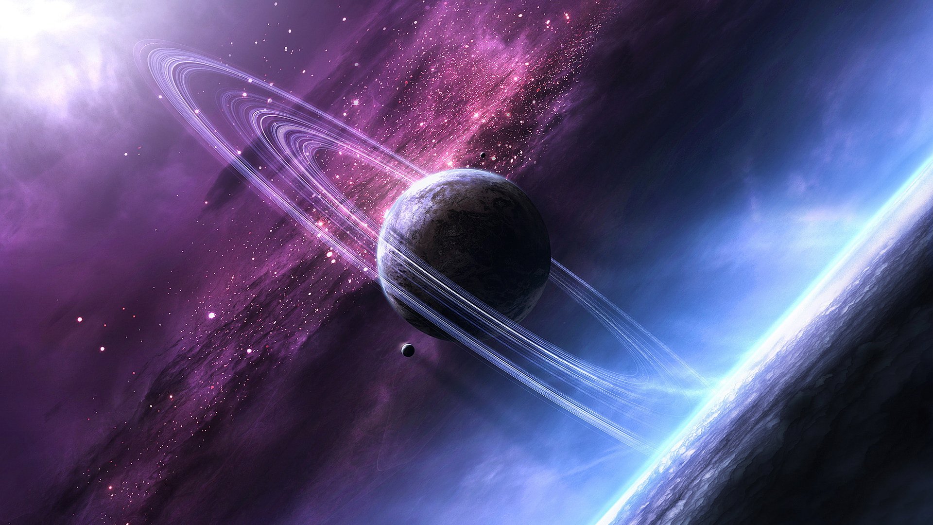 HD sci-fi desktop wallpaper featuring a detailed planetary ring system around a dark planet set against a vibrant purple and blue cosmic background.
