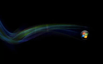 HD PC desktop wallpaper featuring a dynamic, flowing wave of blue and green light with the Windows logo against a black background, symbolizing technology.