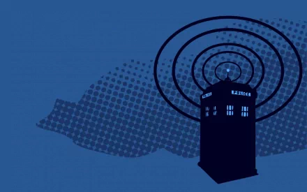 A minimalist HD wallpaper featuring the TARDIS from the TV show Doctor Who (2005), set against a blue background with circular wave patterns.