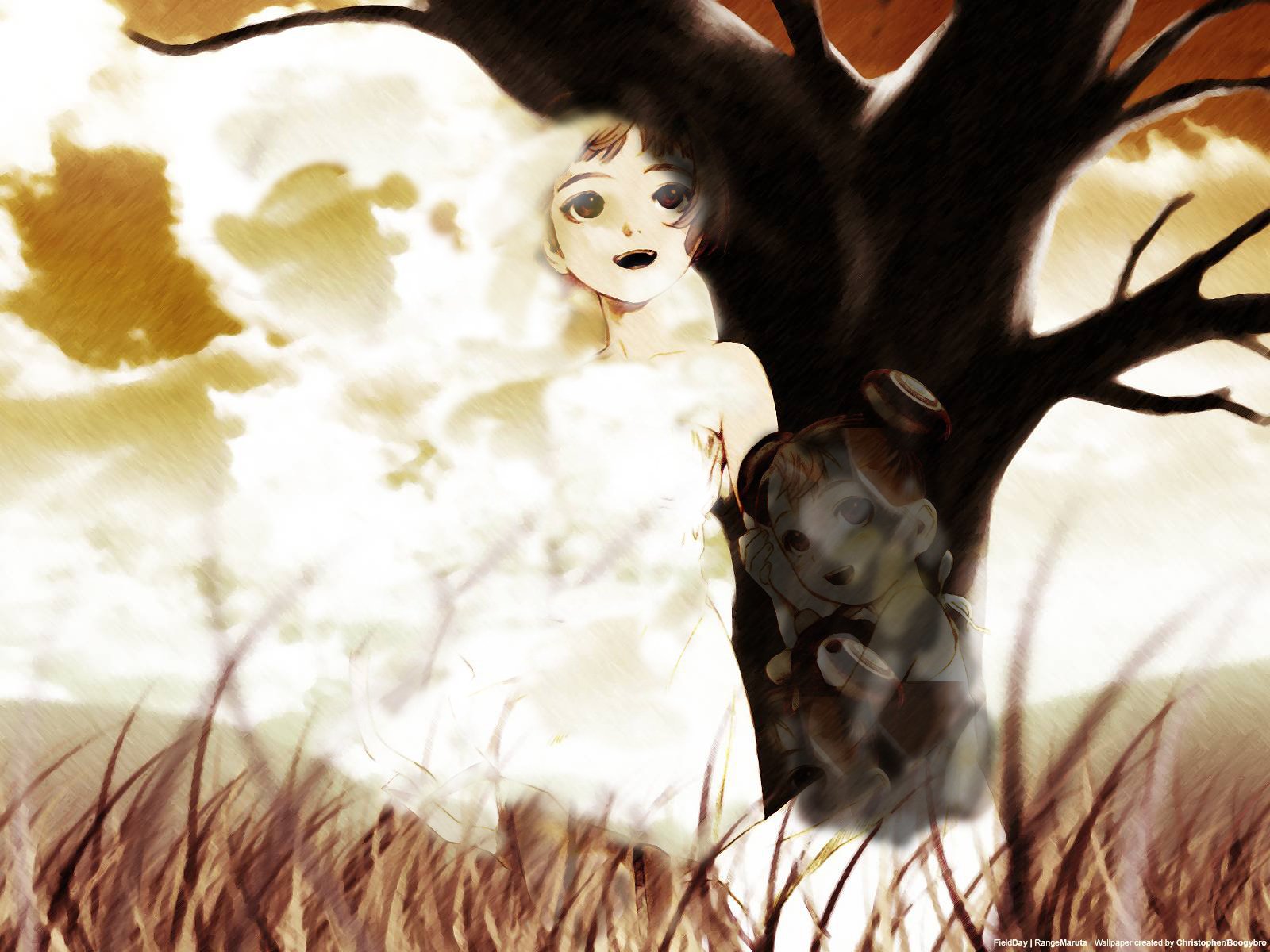 Last Exile anime HD PC desktop wallpaper and background: sepia-toned girl peeks from a tree holding a small doll amid tall grass under a cloudy sky.