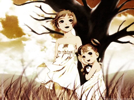 Anime Last Exile HD PC desktop wallpaper/background: two girls in white dresses by a windswept tree in warm golden light, wistful mood.