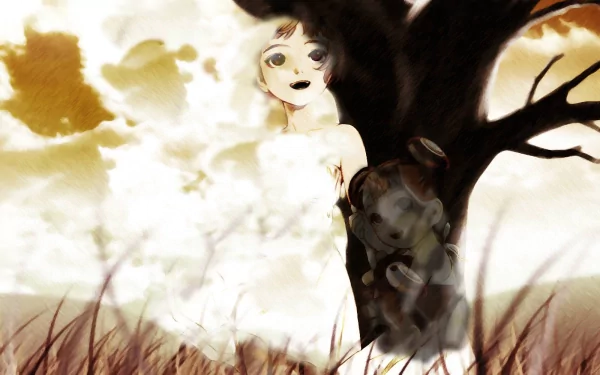 Last Exile anime HD PC desktop wallpaper and background: sepia-toned girl peeks from a tree holding a small doll amid tall grass under a cloudy sky.