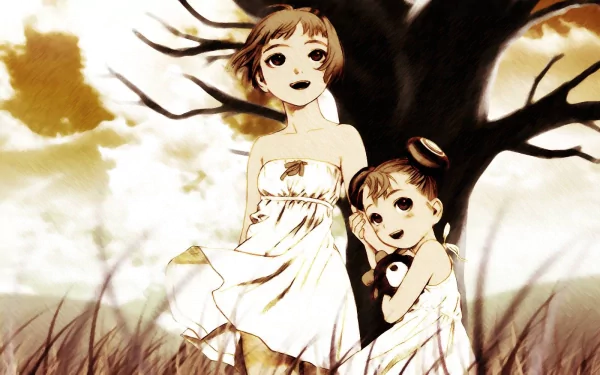 Anime Last Exile HD PC desktop wallpaper/background: two girls in white dresses by a windswept tree in warm golden light, wistful mood.