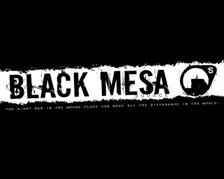 HD desktop wallpaper and background featuring the Black Mesa logo from the video game Half-Life, with the tagline: The right man in the wrong place can make all the difference in the world.