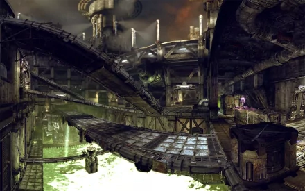 HD desktop wallpaper featuring a detailed, dystopian urban landscape from the video game Unreal Tournament, showcasing futuristic architecture with industrial elements.