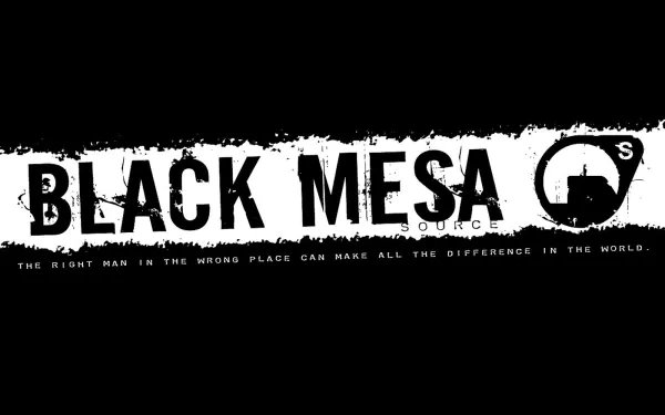 HD desktop wallpaper and background featuring the Black Mesa logo from the video game Half-Life, with the tagline: The right man in the wrong place can make all the difference in the world.