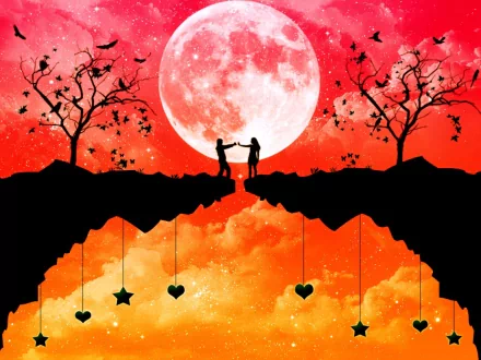 Artistic vector HD desktop wallpaper featuring a romantic scene with two silhouetted figures holding hands under a large moon, accompanied by birds and trees against a vibrant orange and red sky.