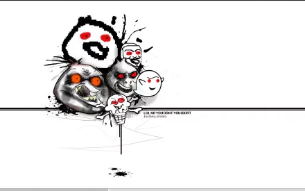 HD desktop wallpaper featuring dark and weird abstract smiley faces with red eyes. Simple white background punctuated by the striking, eccentric artwork. Text reads: LOL do you rike your whoopty?
