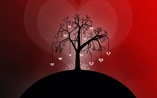 HD desktop wallpaper featuring an artistic tree with hanging hearts on a dark hill, set against a red background with faint large love hearts.