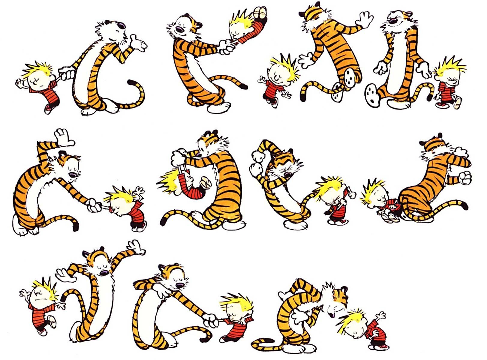 A vibrant HD desktop wallpaper featuring Calvin and Hobbes from the comic series Calvin & Hobbes, displaying various playful interactions between the characters.