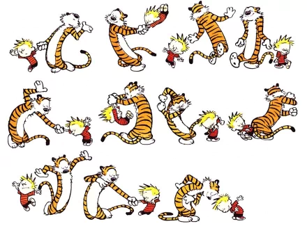 A vibrant HD desktop wallpaper featuring Calvin and Hobbes from the comic series Calvin & Hobbes, displaying various playful interactions between the characters.