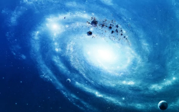 HD sci-fi desktop wallpaper featuring a stunning galaxy with swirling blue and white colors and scattered planets and asteroids.