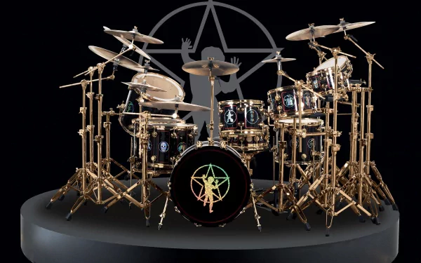 HD desktop wallpaper featuring an intricate drum kit with multiple cymbals and drumheads, set against a black background with a star and figure graphic. Tags: music, Drums.
