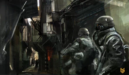An atmospheric HD wallpaper from Killzone 2, featuring soldiers in tactical gear navigating a dark, narrow alley with industrial elements, capturing the game's gritty aesthetic.