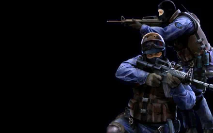 HD desktop wallpaper featuring two armed Counter-Strike characters in tactical gear against a black background.