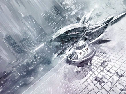 Abstract HD desktop wallpaper in shades of white, featuring futuristic architectural elements and a cityscape background.