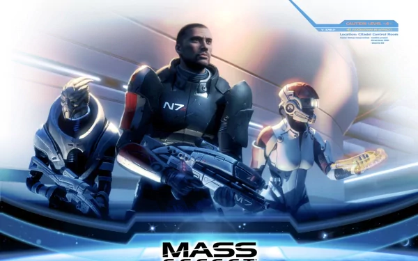 HD PC desktop wallpaper featuring Commander Shepard, Garrus Vakarian, and Ashley Williams from the Mass Effect video game series in a futuristic setting.
