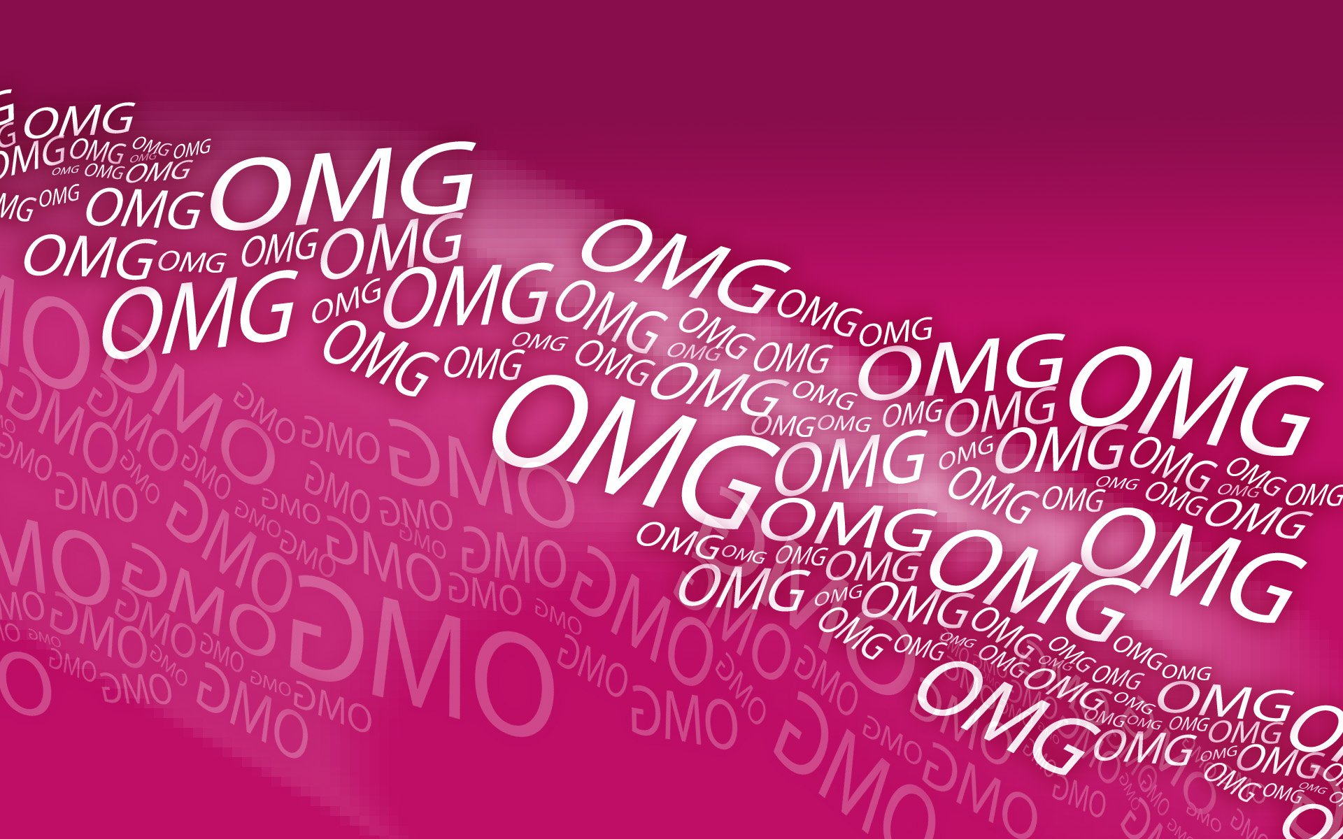 Bright pink background featuring dynamic white text that reads OMG in various sizes, creating a fun and energetic HD desktop wallpaper.