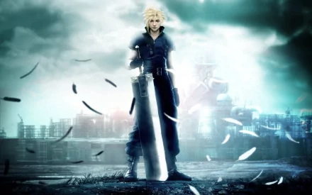 HD desktop wallpaper featuring Cloud Strife from Final Fantasy VII: Advent Children. The anime character stands with his sword in a post-apocalyptic landscape surrounded by floating feathers.